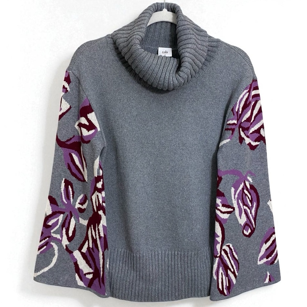 CAbi Eden Pullover #3704 Gray Floral Bell Sleeve Turtleneck Sweater Size Small